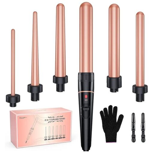 Long Barrel Curling Iron Wand Set, BESTOPE PRO 6 in 1 Curling Wand Set with Ceramic Barrel for Long/Medium Hair, 0.35" -1.25" Interchangeable Hair Wand Curler, Dual Voltage, Include Glove & Clips