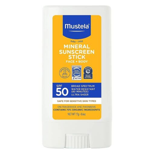 Baby Mineral Sunscreen Stick SPF 50 Broad Spectrum - Face & Body Sun Stick with 70 % Organic Ingredients - Ultra Sheer, Water Resistant & Fragrance-Free - 0.6 oz ( Pack of 1 )