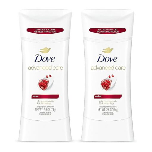 Dove Advanced Care Antiperspirant Deodorant Stick Revive Twin Pack to help skin barrier repair after shaving by boosting skin 's ceramide levels 72 hour odor control and all-day sweat protection 2.6 oz