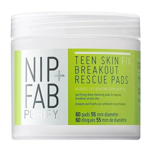 Nip + Fab Teen Skin Fix Zero Breakout Rescue Face Pads with Salicylic Acid, Witch Hazel and Antioxidant Wasabi Extract, BHA Facial Pad for Cleansing Pores Prevent Breakouts Blemishes, 60 Count