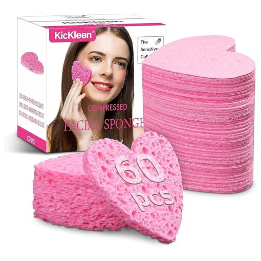 60-Count Kickleen Compressed Cellulose Heart Shape Facial Sponges | 100 % Natural Cosmetic Spa Sponges for Facial Cleansing | Exfoliating | Makeup and Mask Removal | Reusable |Skin Massage ( Pink )