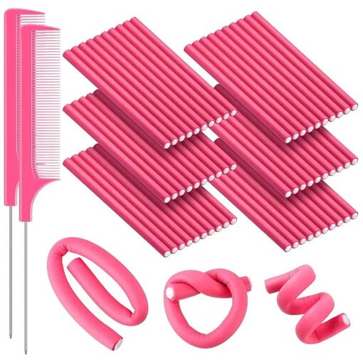 60 Pieces Flexi Rods Flexible Curling Rods Hair Curlers Rollers Twist Flexi Rods Hair Curlers Set No Heat Hair Rods Rollers Flexible Rods for Long Short Hair Women Girls ( Pink, 0.3 x 7 Inch )