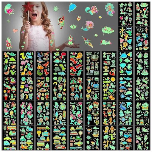 600 Pieces Glow In The Dark Temporary Tattoos for Kids Waterproof Luminous Tattoo Sticker Glow Mixed Style Cartoon Tattoo Unicorn Dinosaur Mermaid Animal Fake Tattoo Stickers 40 Sheets ( Vivid Style )