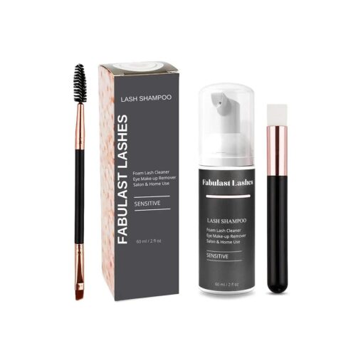 Lash Shampoo for Lash Extensions Kit - Cleaning Brush & Mascara Wand - Sensitive Foaming Eyelash Extension Cleanser Eye Makeup Remover - Paraben, Sulfate, Oil Free - Salon & Home Use ( 60ml/ 2fl Oz )