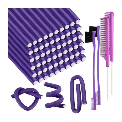 64 Pieces Flexible Curling Rods Hair Twist Flexible Rod Foam Curler Roller with Hair Edge Brush and Comb for Women Girl Short Medium Long Hair ( Purple,0.8 x 24 cm )