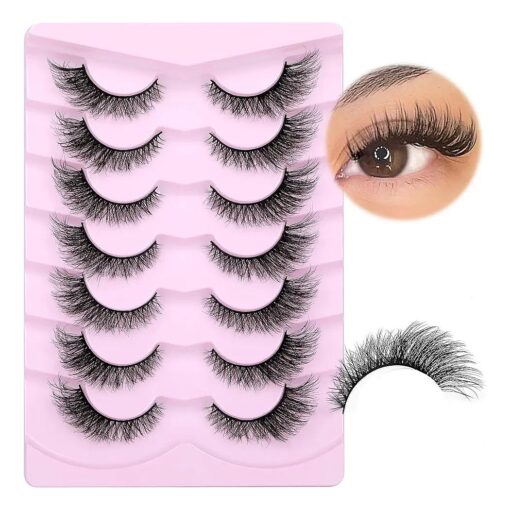 Lashes Natural Look Cat Eye False Eyelashes Mink Fluffy Fox Eye Lashes Wispy 15mm 6D Volume Strip Fake Eyelash Extension Look by PHKERATA, 7 Pairs Pack