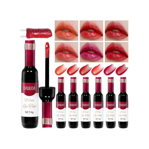 DAGEDA 6Pcs Wine Lip Tint, Lip Tint Stain Set Waterproof Wine Lip Stain Set, Liquid Wine Bottle Lip Gloss, Non-stick Cup Lip Makeup Gift Kit for Girls Women ( D Set )