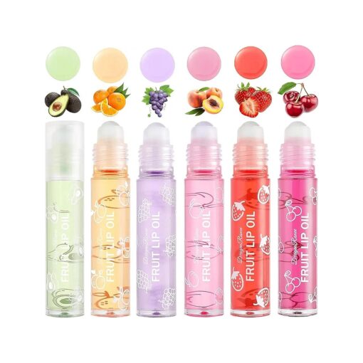 6PCS Fruity Flavors Rolling Ball Lip Oil Set, Long Lasting Moisturizing Lip Balm, Roll-On Lip Gloss Set, Glossy Lip Make-up for All Age, Transparent Lip Gloss for Dry and Chapped Lips