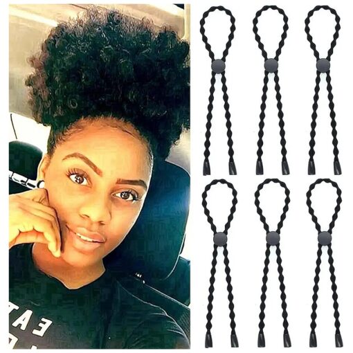 6PCS Natural Hair Ties Afro Puff Ponytail Tie Adjustable Length Hairband for Short Kinky Curly Hair Bun Long Cushioned Headband Ties for Women with Thick, Braided, Natural Hair, No-Slip Design