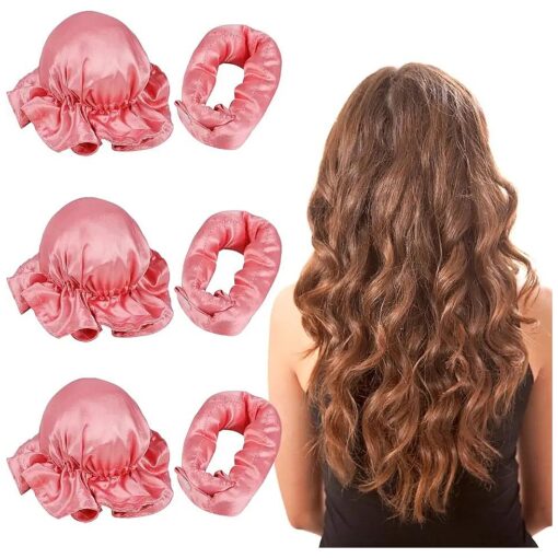 3Sets/6PCS Satin Heatless Curling Set with Adjustable Clasp, No Heat Curling Rods and Hair cap for Overnight Curls, Suitable for All Hair Types ( Pink )