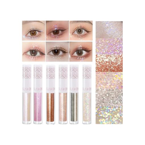 6Pcs Liquid Glitter Eyeshadow Eyeliner, Korean Makeup, Bling Under Eye Shadow, Shimmer Eye Make Up Valentine 's Day Gift Set, Long Lasting, Quick Drying & Pigmented Loose Glitter Glue for Crystals Makeup