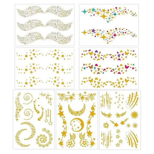 Konsait 7sheets Face Tattoo Sticker Metallic Temporary Transfer Tattoo Waterproof Face Jewel s for Women Girls Make Up Dancer Costume Parties, Shimmer Glitter Designs Gold Tattoos