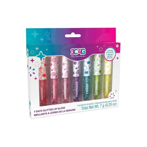 3C4G 7 Days Glitter Lip Gloss - Flavored Lip Gloss Set for Girls - Strawberry, Raspberry, Vanilla and More ! - 7 Piece Lip Gloss Kit by Make It Real