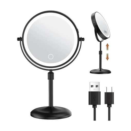 Height Adjustable Makeup Mirror with Lights, 7" Double Sided 1X 10X Magnification Lighted Makeup Mirror, 3 Color LED Dimmable, Rechargeable Cordless Tabletop Light Up Mirror, Women Gift