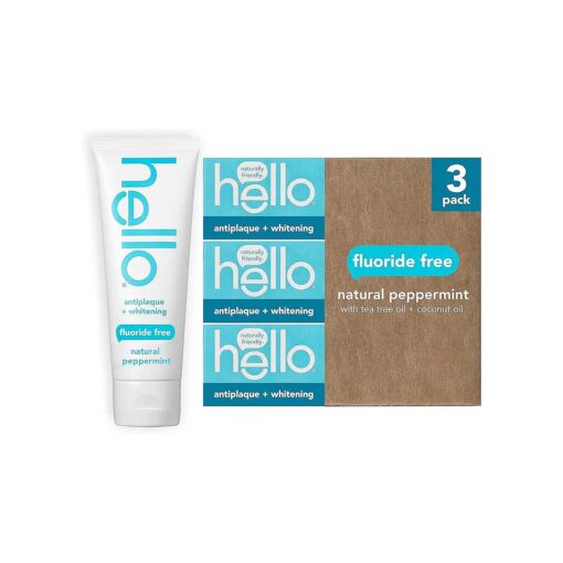 Hello Antiplaque Toothpaste, Fluoride Free for Teeth Whitening with Natural Peppermint Flavor and Tea Tree Oil, Peroxide Free, Gluten Free, SLS Free, 3 Pack, 4.7 OZ Tubes