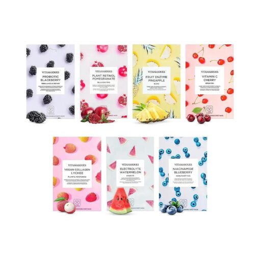 Vitamasques Face Masks Skincare Sheet Kit, 7-Pack - Juicy Collection of Triple-Layer Sheet Facial Masks - Pore Purifying, Brightening, and Hydrating - Mothers Day Gifts for Mom, Gift for Wife