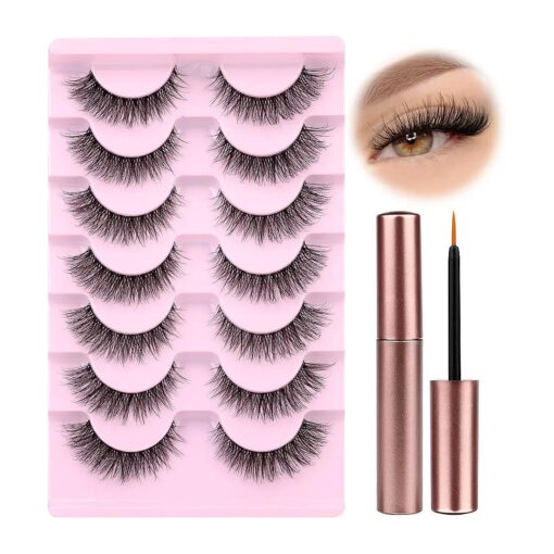 wiwoseo Natural Wispy Fluffy Lashes with Glue Cat Eyes Mink Lashes Clear Band Eyelashes with Glue Kit Russian Strip Lashes Natural Look False Eyelashes Extension Strip Lashes D Curly 7 Pairs Pack