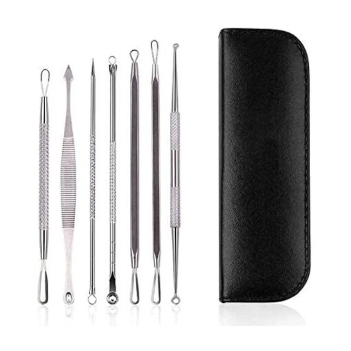 7pcs Blackhead Remover Pimple Extractor Tool, Comedone Extractor Acne Removal Kit for Blemish, Whitehead Popping, Zit Removing for Nose Face with Leather Bag ( Cover - Black )