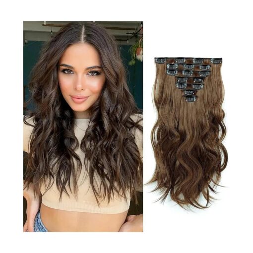 Clip in Hair Extensions - 16 Inch 7 Pcs Chocolate Brown Hair Extension Synthetic Fiber for Women Natural Wavy Extensions Synthetic Full Head