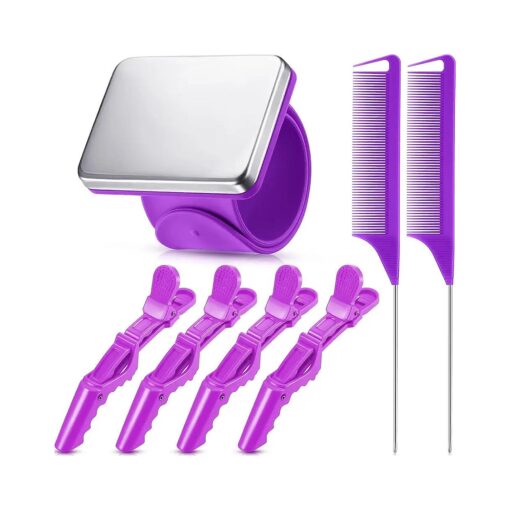 7 Pieces Hair Braiding Tools Magnetic Pin Wristband and 2 Pieces Stainless Steel Pintail Rat Tail Comb with 4 Pieces Wide Teeth Alligator Sectioning Hair Clip for Hair Braid Tool Braid Maker ( Purple )