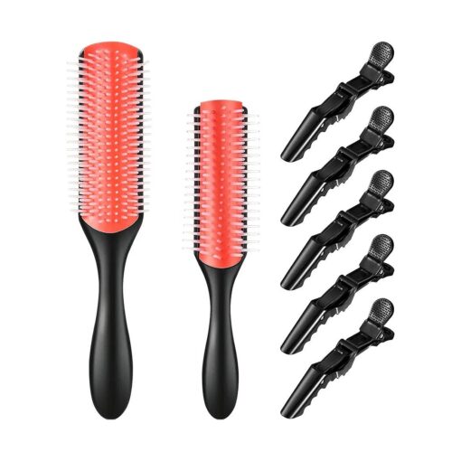 7 Pieces Cushion Nylon Bristle Styling Brush Set, 9-Row Curly Hair Detangling Brush, 5-Row Travel Hair Brush and 6 Pieces Hair Clips for Separating, Shaping, Defining Curls, Fixing Hair ( Pink )