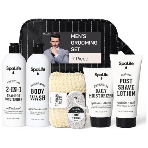 SpaLife 7-Piece Bath and Body Men Grooming Gift Set - 2-in-1 Shampoo & Conditioner, Body Wash, Daily Moisturizer, Post-Shave Lotion, Bath Sponge & Foot Stone for Luxurious At-Home Spa