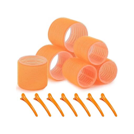 Self grip hair roller set 7 pcs, Heatless hair curlers, Hair rollers with hair roller clips and comb, Salon hairdressing curlers, DIY Hair Styles, Sungenol 2 Sizes Orange Hair Rollers in 1 set