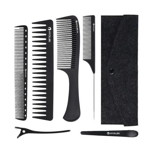 HYOUJIN 7 pcs Hair Comb Set Rat Tail Parting Combs Carbon Wide and Fine Tooth Comb Brush Cutting Comb Professional Styling Hair Combs for Women, Men Accessories with Clips