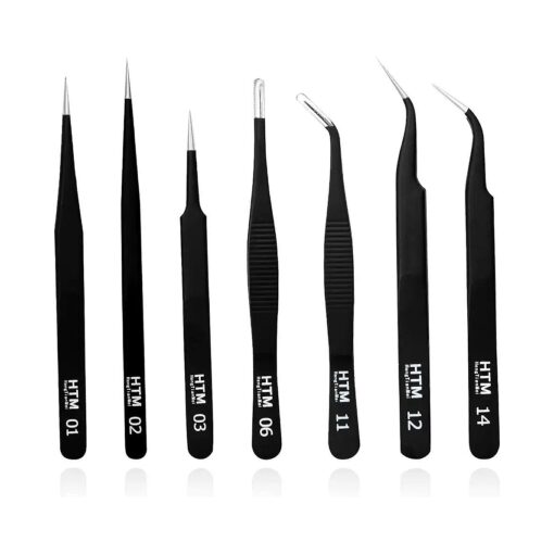 Precision Craft Tweezers Set,3 Pcs Pointed Tweezers,2 Pcs Curved Tweezers,2 Pcs Precision Serrated Tweezers for Eyelash Extensions, Craft, Jewelry, Soldering, Electronics Etc