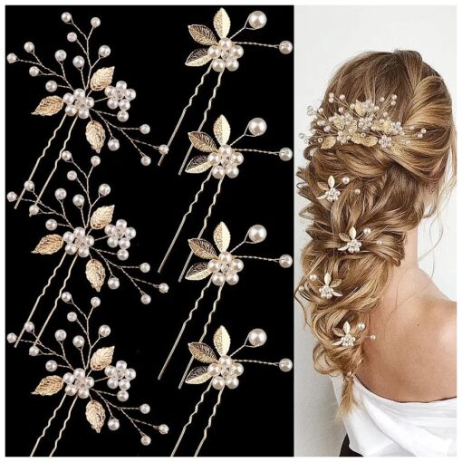 7 Pieces Wedding Hair Pins Gold Leaf Bride Headpiece Pearl Wedding Hair Styling Pins Hair Accessories Flower Hair Accessories for Brides Bridesmaids Girls ( Elegant )