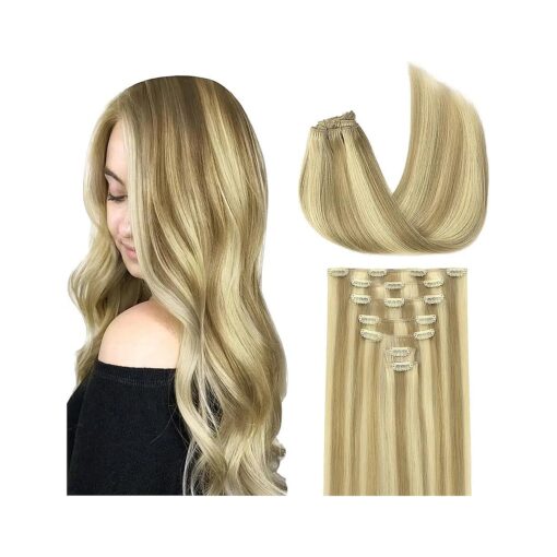 GOO GOO Clip in Hair Extensions Real Human Hair, 18inch 120g 7Pcs, 16/22 Light Blonde Highlighted Golden Blonde, Remy Human Hair Extensions Clip ins for Women, Natural Human Hair