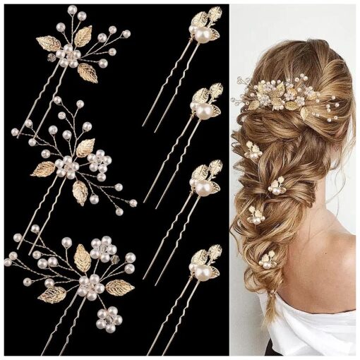 7 Pieces Wedding Hair Pins Gold Leaf Bride Headpiece Pearl Wedding Hair Styling Pins Hair Accessories Flower Hair Accessories for Brides Bridesmaids Girls