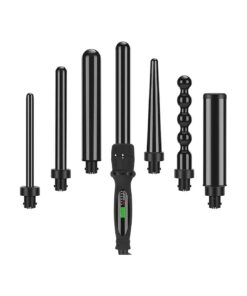 PARWIN PRO BEAUTY Curling Iron Set 7 in 1 Interchangeable Barrels Dual Voltage Hair Curler LCD Display Tourmaline Ceramic Curling Iron with Heat Resistant Glove, Black