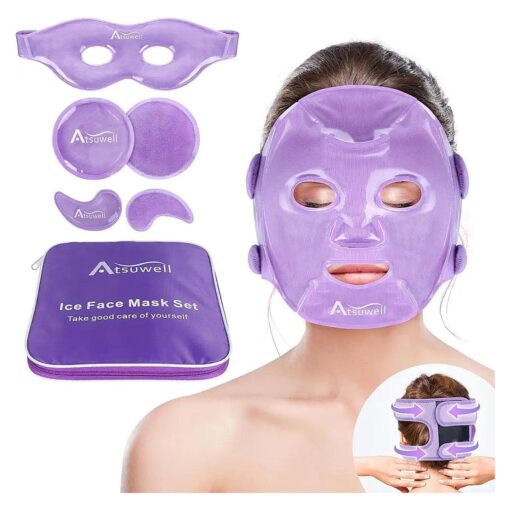 Atsuwell Cooling Ice Face Eye Mask Set for Dark Circles and Puffiness, 6 Gel Cold Packs for Face, Eyes, Toothache and Injuries Resusable, Soft Plush Lining Ice Pads Cold Compress, Cool Bag Included