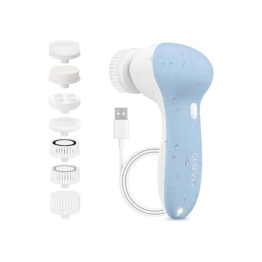 Rechargeable Facial Cleansing Spin Brush Set with 7 Exfoliating Brush Heads - Complete Face Spa System by CLSEVXY - Advanced Microdermabrasion for Gentle Exfoliation and Deep Scrubbing