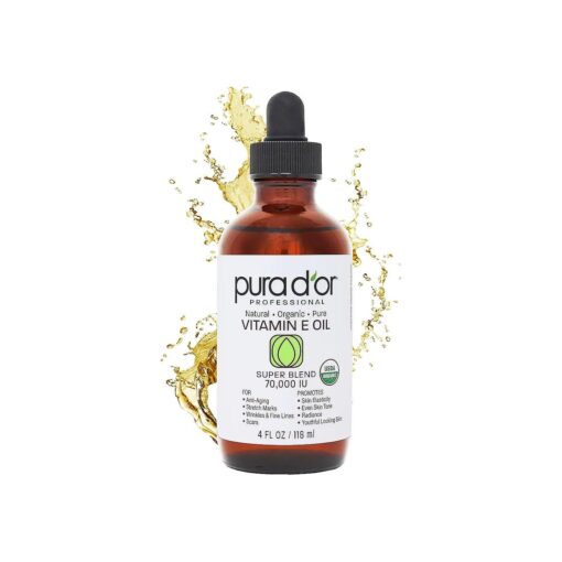 PURA D'OR 4 Oz ORGANIC Vitamin E Oil Blend 70,000 IU - 100 % Natural Hexane Free, Sweet Almond, Apricot, Jojoba, Argan, Rosehip, Sunflower & Avocado Bath Oil For Scars, Skin, Face & Full Body