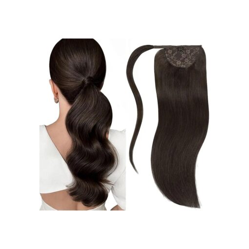 Lacerhair Dark Brown Human Hair Extensions Ponytail Natural Wrap Around Straight Ponytail Extension Human Hair Real Hair Piece 14 Inch Short Ponytail Extension 70 Grams