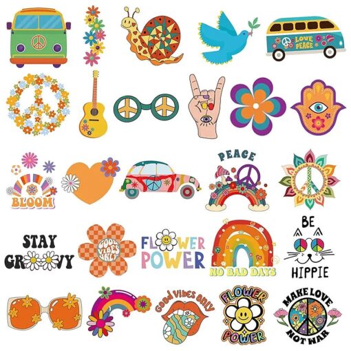 Ooopsiun Hippie Temporary Tattoos for Kids - 70 Styles, Groovy 70s Peace and Love Flower Power Birthday Party Favors for Boys Girls