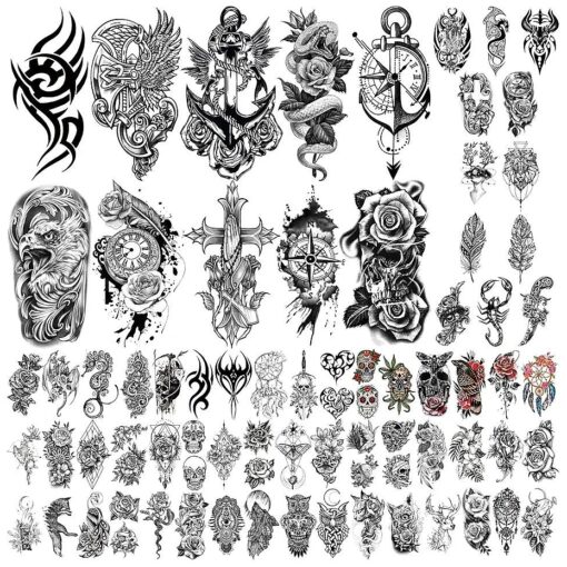 Yazhiji 70sheets Waterproof Temporary Tattoo for Girls or Boys Kids 10sheets Larger Half Arm Rose Snake Clock Fake Tattoos for Men or Women And 60 sheets Tiny Bird Flower Owl Deer Tat Sticker