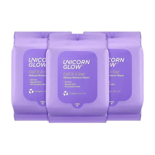 Unicorn Glow Makeup Remover Face Wipes [ 3 EA = 75 Count ] Alcohol-Free Facial Cleansing Make up Remover XL Oversize Daily Cleansing Facial Towelettes Micellar Water, Charcoal, Aloe Extract