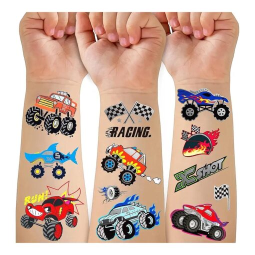 75 PCS Truck Temporary Tattoo for Kids, Groovy Metallic Styles Tattoos for Truck Wheels Birthday Party Supplies -Racing Car Checkered Flag Trophy Flames Fake Tattoo Stickers for 5 6 7 8 Years Old Boys