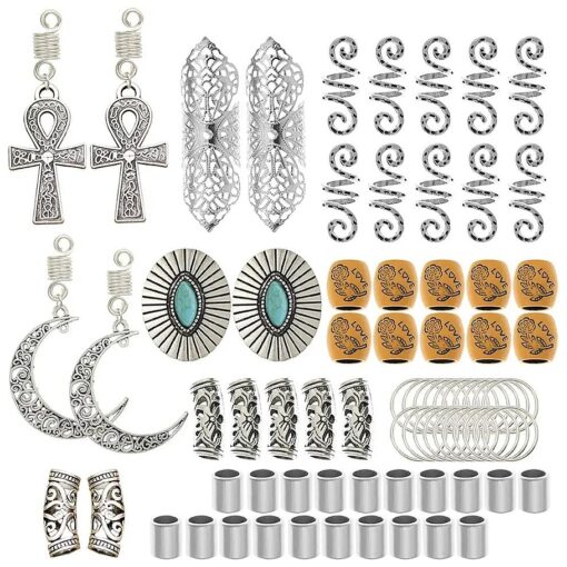 RechicGu Silver Pack 75PCS Wig Braid Cuff Rings Dreadlock Loc Beard Mambo Beads Rasta Updo Hair Dress Clip Pin Cross Turquoise Fan Moon