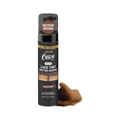 The MORE Crazy 3 in 1 Lace Tint Mousse 6.76 fl oz | Concealer Lace Wig Hair Wigs Toupees and Hair Pieces Lace Tint Styling Foaming Mousse Colored Edge Tamer ( 6.76 Fl Oz, Medium Brown )