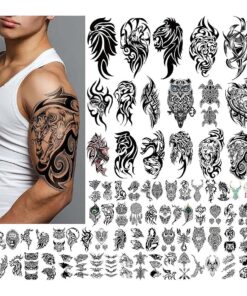 77 Sheets Tribal Temporary Tattoos Realistic, Half Arm Sleeve Tattoo, Long Lasting Tattoo, Fake Tattoos for Men Women, Adults Western Tribal Wolf Tiger Lion Owl Skull