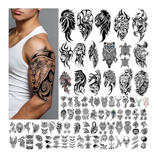 77 Sheets Tribal Temporary Tattoos Realistic, Half Arm Sleeve Tattoo, Long Lasting Tattoo, Fake Tattoos for Men Women, Adults Western Tribal Wolf Tiger Lion Owl Skull