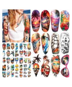 77 Sheets Temporary Tattoo for Women and Men, 17 Sheets Half Arm Beach Flower Skull Sunset Fake Tattoos, 60 Sheets Holiday Ocean Tiny for Adults Kids Body Tattoos Stickers Waterproof Realistic