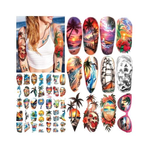 77 Sheets Temporary Tattoo for Women and Men, 17 Sheets Half Arm Beach Flower Skull Sunset Fake Tattoos, 60 Sheets Holiday Ocean Tiny for Adults Kids Body Tattoos Stickers Waterproof Realistic