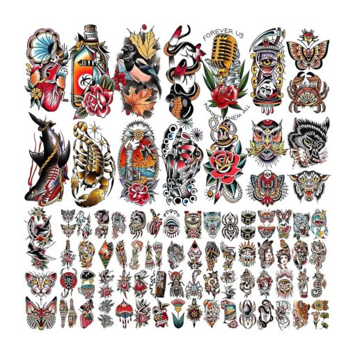 77 Sheets Vintage Temporary Tattoo, Old School Temporary Tatoos Flower Swallows Butterflies Tiger Scorpion Snake Hand Owl Swords for Women Girls and Men, Half Arm Fake Tattoos for Adults Shoulder Arm