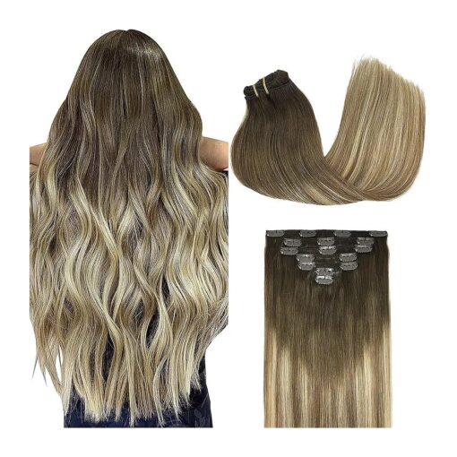 GOO GOO Clip in Hair Extensions Real Human Hair, 14inch 120g 7Pcs, 3/8/613 Balayage Walnut Brown to Ash Brown and Bleach Blonde, Remy Human Hair Extensions Clip ins for Women, Natural Human Hair