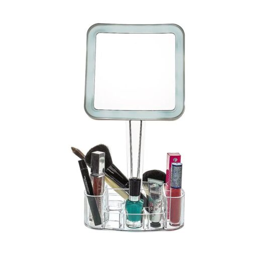 Magnifying Lighted Makeup Mirror with Cosmetic Organizer Base | 7X Magnification, LED Lighted Free Standing Bathroom Mirror for Vanity, Desk or Tabletop | Square